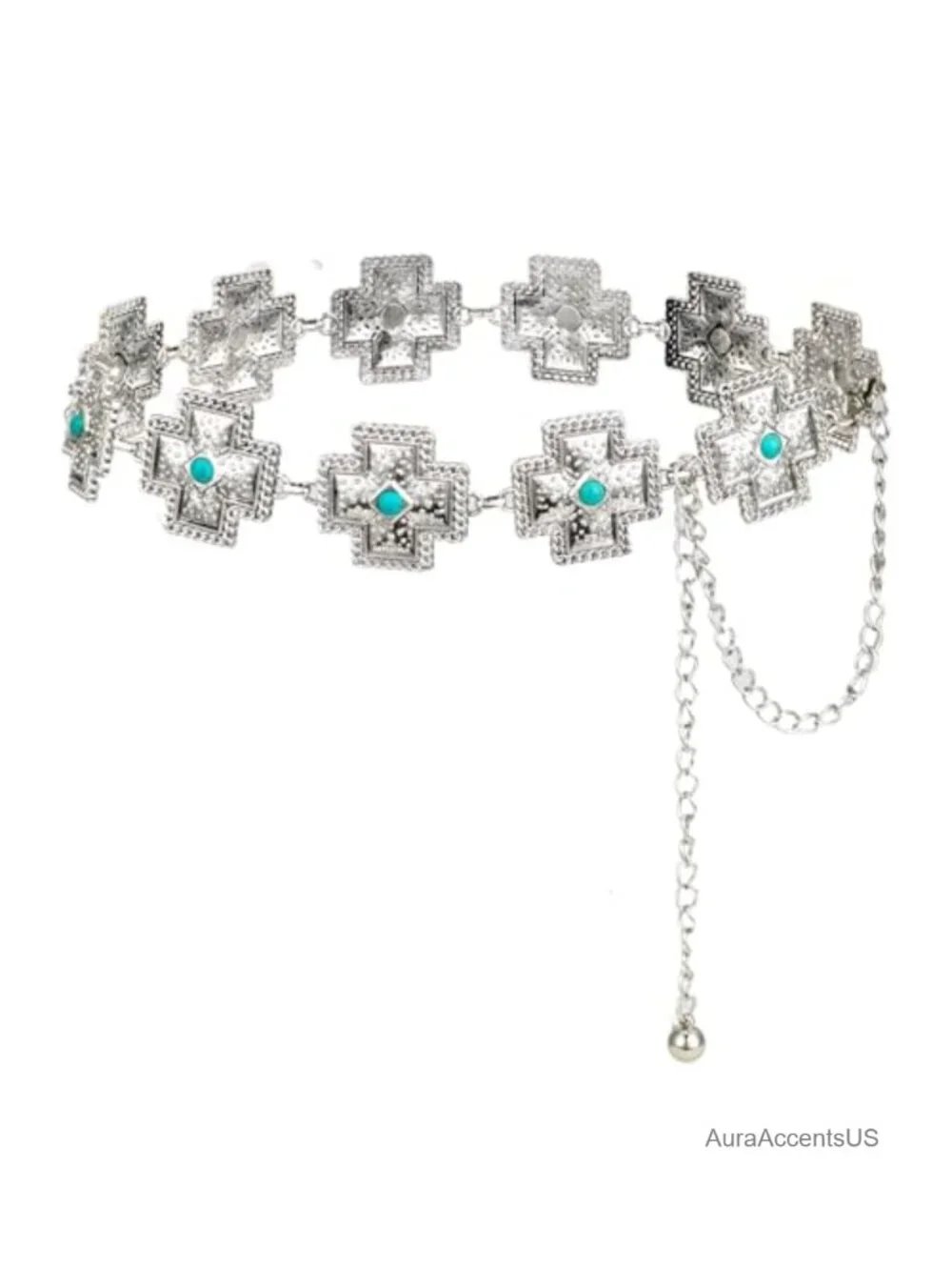 Zinc Alloy Metal Waist Chain Belt with Turquoise Stone Punk Concho Western
